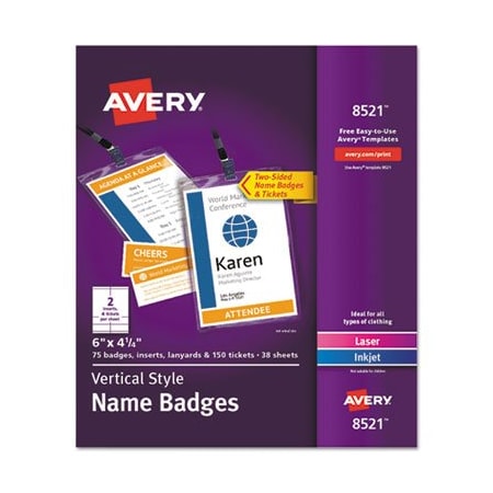 Avery Avery, LANYARD-STYLE BADGE HOLDER W/LASER/INKJET INSERTS, TOP LOAD, 4.25 X 6, 75PK 8521
